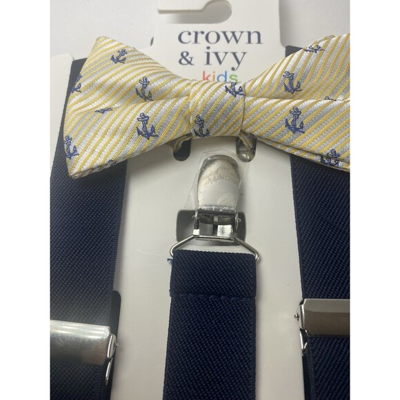 Boy's Navy Blue Yellow Anchor Suspenders Bow Tie Bowtie Combo 2 Sets - Picture 2 of 5
